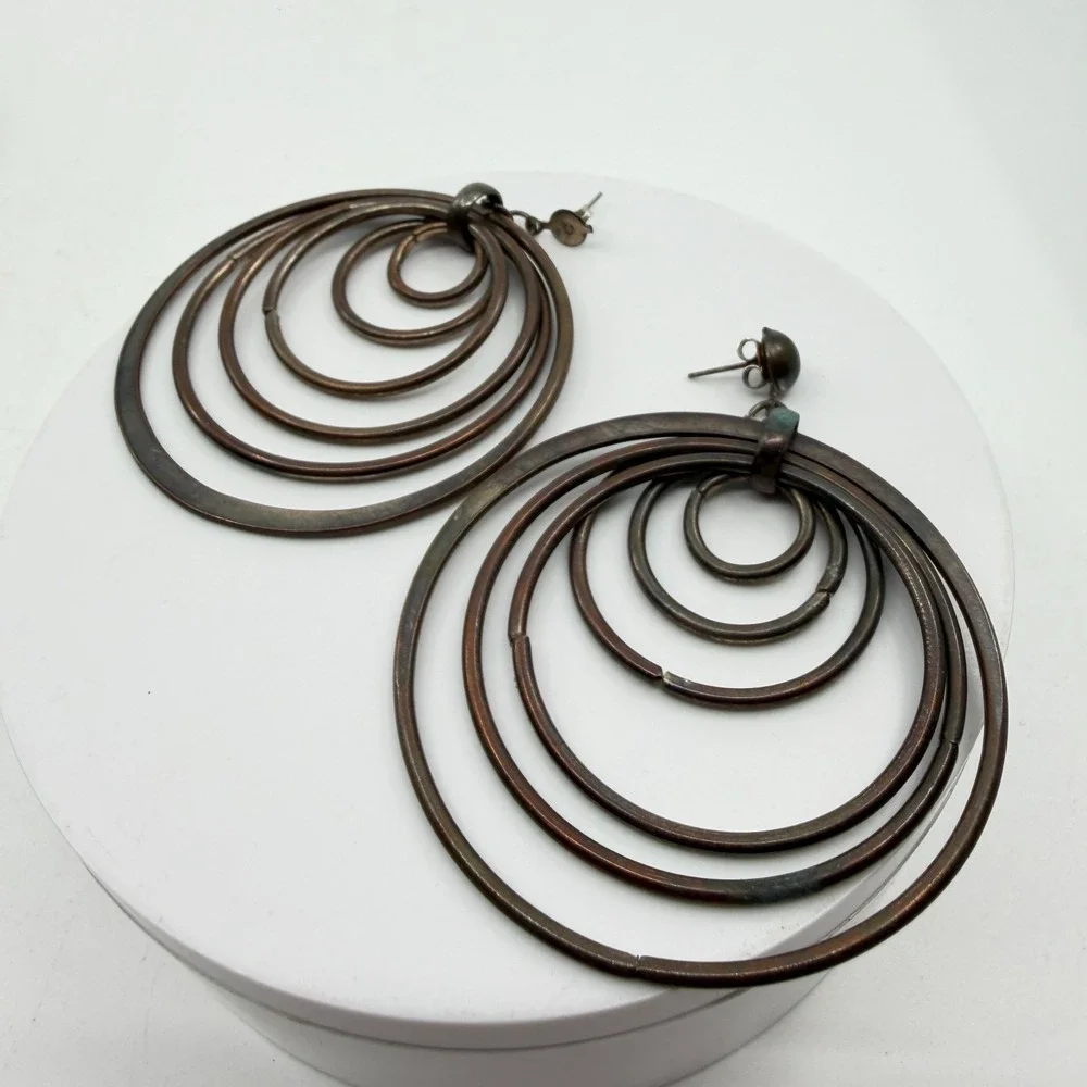 Copper Tone Concentric Multi Hoop Dangle Earrings Boho Artisan Statement Gift